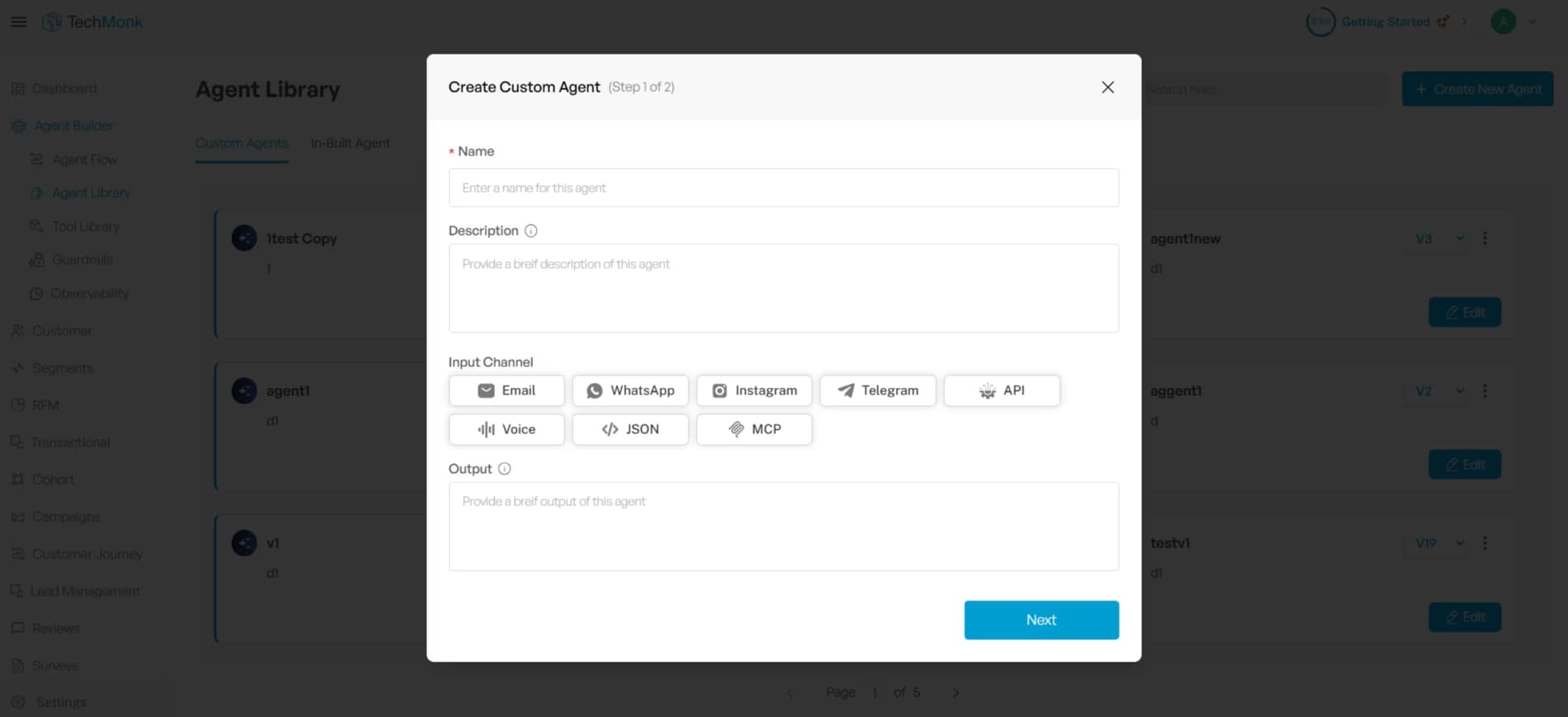 Enter the Name, Description, and Output for the AI Agents